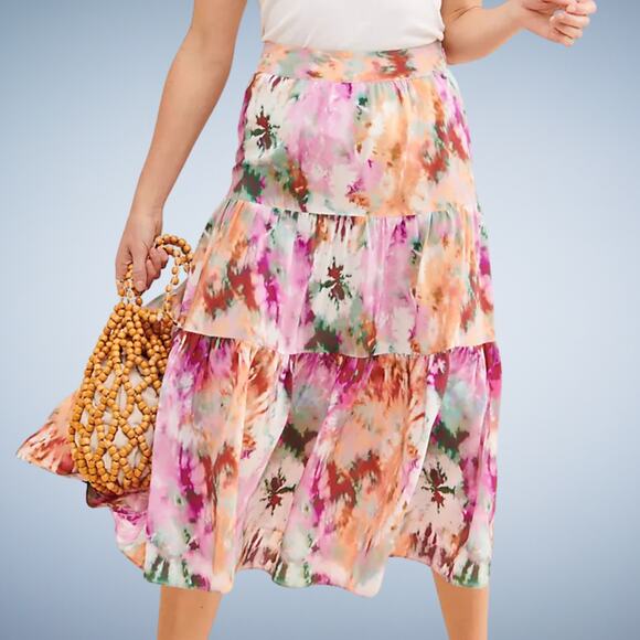 Anthropologie Dresses & Skirts - Anthropologie Kachel 100% Silk Abstract Tie-Dye Tiered Midi Skirt Size 10